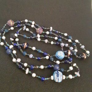 Long wood glass faux pearl seed bead necklace